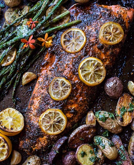 One Pan Lemon Salmon, Roasted Potatoes and Parmesan Asparagus