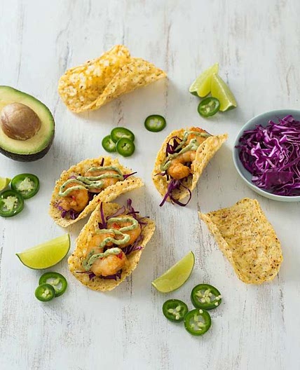 Prawn tacos with avocado lime sauce