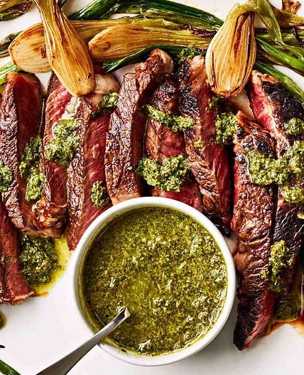 Rib Eye with Charred Spring Onions and Salsa Verde