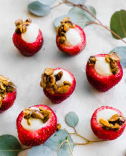 Mozzarella Stuffed Strawberries with Honey and Candied Pistachios