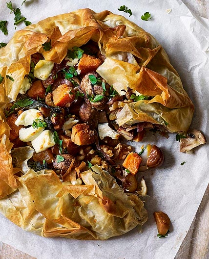 Mushroom, chestnut and squash filo pie