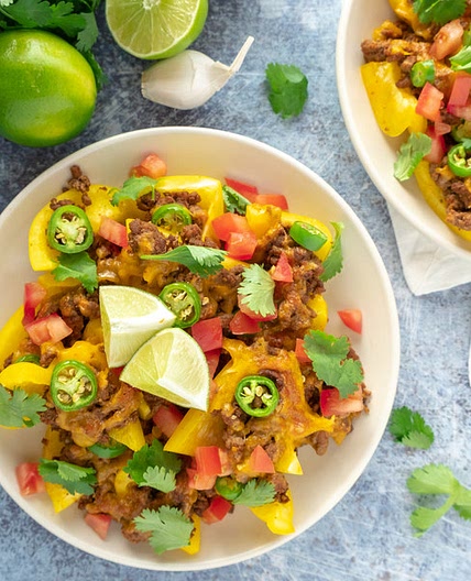 Spicy Beef & Cheddar Bell Pepper "Nachos" with Tomatoes and Jalapeños