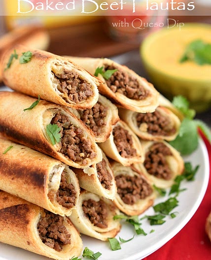 Baked Beef Flautas with Queso Dip