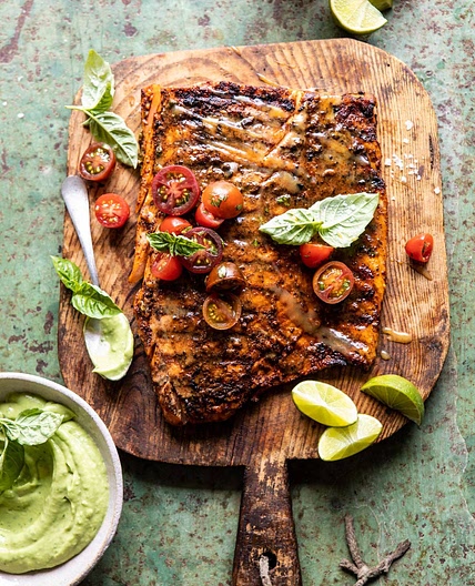Grilled Honey Mustard Salmon with Avocado Basil Sauce