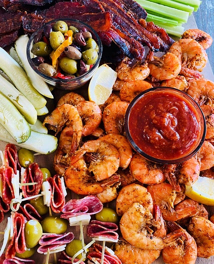 Bloody Mary Shrimp Cocktail Charcuterie Board