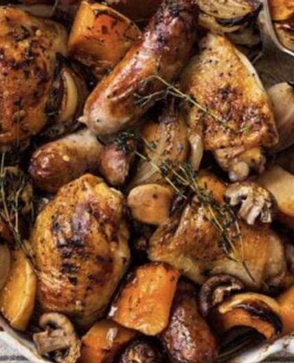 Sausage, chicken and squash traybake