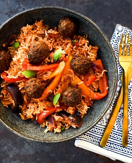 Easy Vegan Meatball Rice Bake