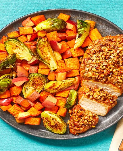 Pecan & Walnut-Crusted Chicken with BBQ-Spiced Sweet Potato, Brussels Sprouts & Apple