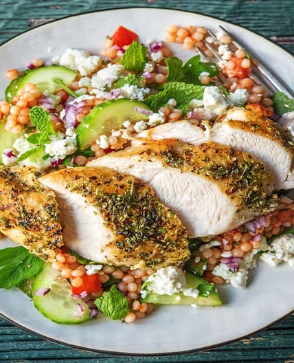 Mediterranean Chicken with Herbed Fetta Pearl Couscous