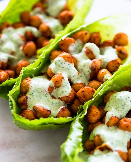 Spicy Chickpea Lettuce Wraps with Cilantro Jalapeno Sauce