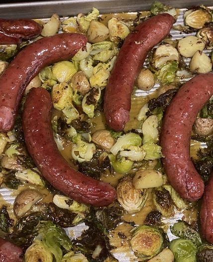 One Pan Dinner - Sausages and Brussel Sprouts with Honey Mustard