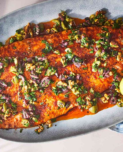 Slow-Roasted Salmon with Walnut-Olive Vinaigrette