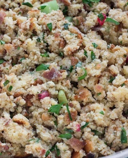 Cornbread Bacon Stuffing with Leeks, Pecans & Pomegranate
