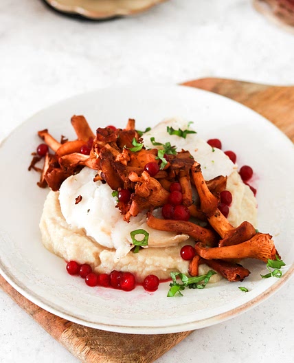 Baked Cod with Chanterelles & Lingonberries
