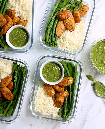 Cauliflower Rice Bowls with Grilled Asparagus & Chicken Sausage