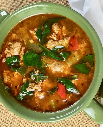 Keto Sausage Soup with Peppers and Spinach
