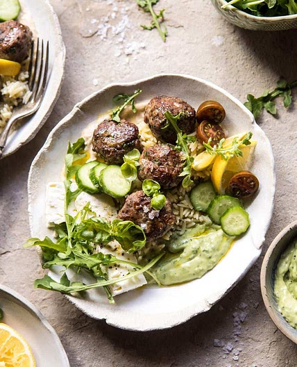 Greek Lamb Meatballs with Avocado Goddess Sauce