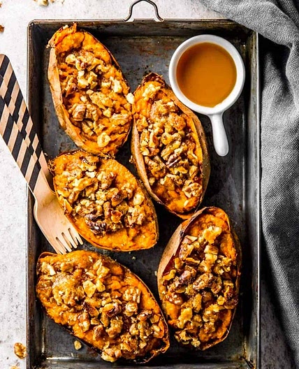 Maple Walnut Twice Baked Sweet Potato Skins