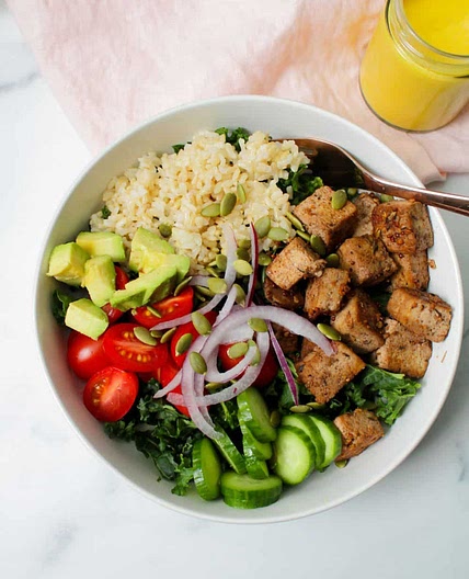 Jerk Tofu Bowls with Mango-Hummus Dressing