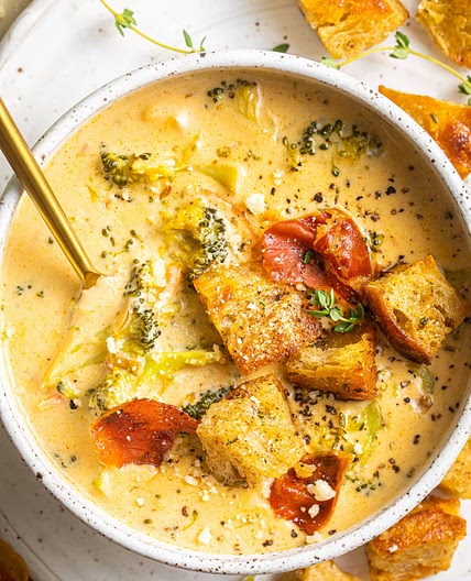 Broccoli Cheddar Soup with Sourdough Croutons