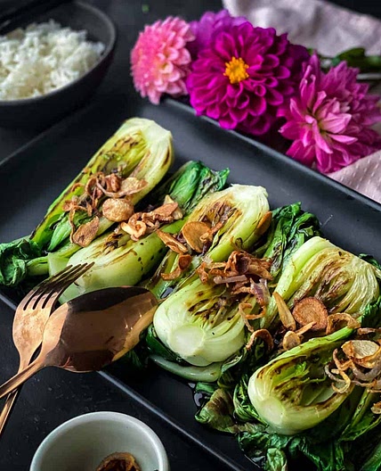Grilled Bok Choy with Crispy Garlic