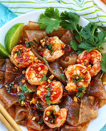 Wide Glass Noodles with Chili Lime Sauce and Shrimp