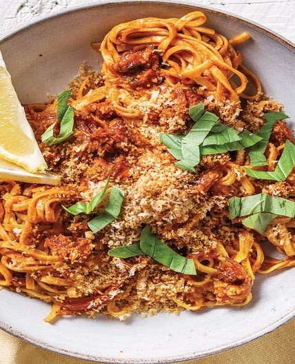 Red Pesto & Chorizo Fettuccine with Lemon Pangrattato & Rocket Salad