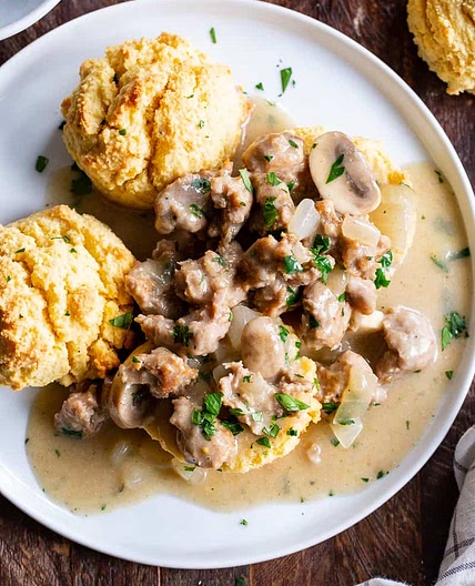 Mushroom Sausage Gravy and Biscuits {Paleo, Keto}