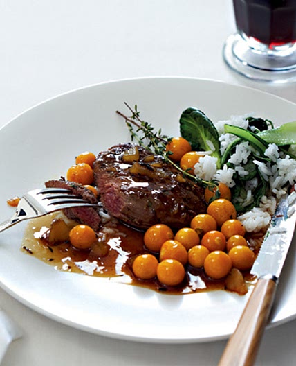 Pan-fried ostrich steaks with ginger and gooseberries