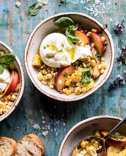 Spicy Corn, Peach, and Burrata Salad