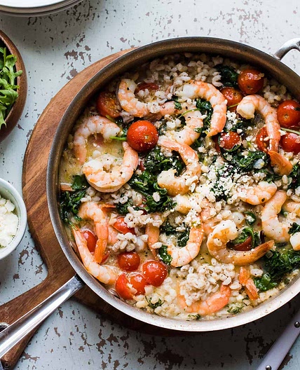 Greek Shrimp, Pearl Barley and Kale with Feta