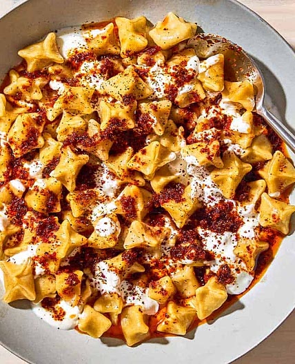 Manti (Turkish Dumplings) with Garlicky Yogurt and Spiced Oil