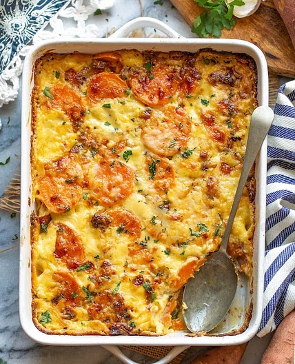 Scalloped Sweet Potatoes with Bacon and Cream Sauce