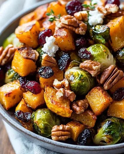 Roasted Brussels Sprouts and Butternut Squash with Maple Walnuts and Cranberries
