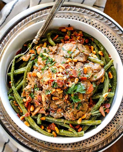 Roasted Green Beans with Bacon Mushroom Sauce