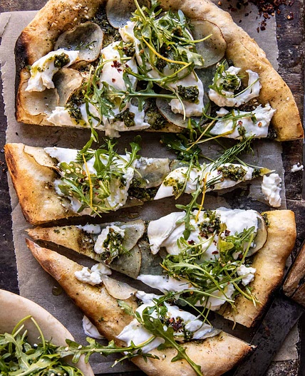 Pesto Potato Burrata Pizza with Spicy Arugula