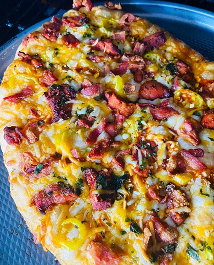 Traeger Buffalo Chicken Bacon Pizza