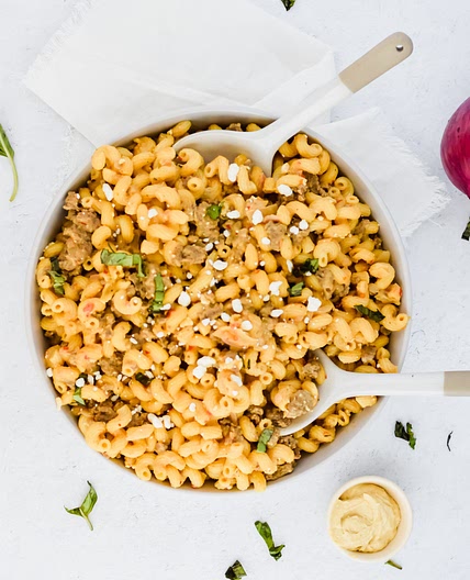 Spicy Sausage Hummus Pasta