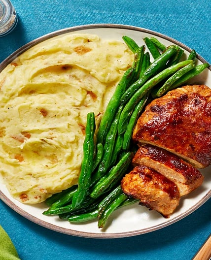 BBQ Pork & Apple Meatloaves with Garlic Mashed Potatoes & Roasted Green Beans