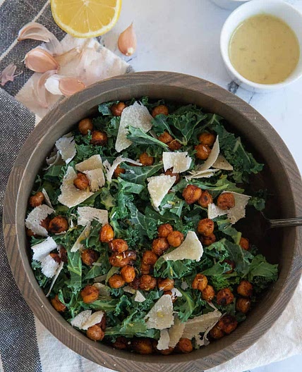 Kale Caesar Salad with Chickpea Croutons