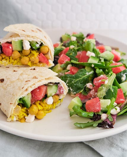 Mediterranean Chickpea-Rice Wrap with Tzatziki, Feta & Salad