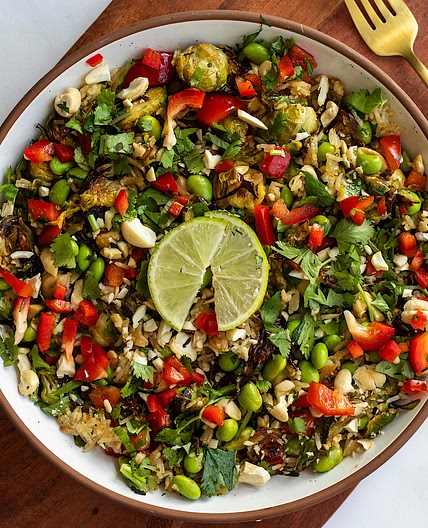 Baked Brussels Sprouts and Crispy Rice Salad