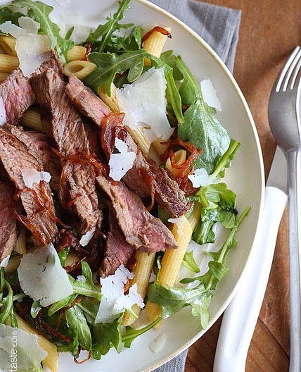 Steak & Caramelized Onions with Arugula and Penne
