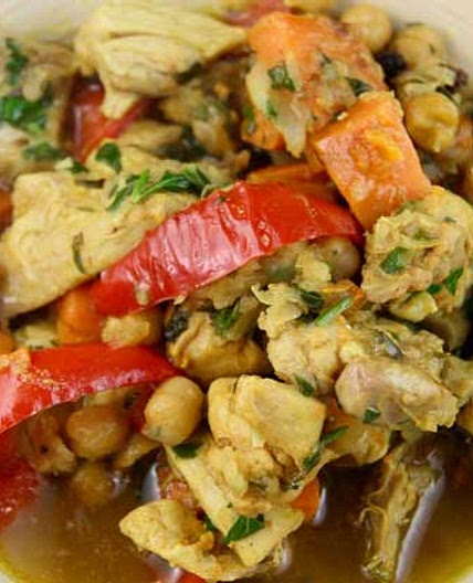 Moroccan Chicken Tagine with Sweet Potatoes and Raisins (slow cooker)