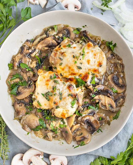 Cheesy "French Onion" Chicken Thighs with Mushrooms, Thyme & Parsley