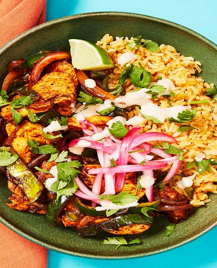 Yucatan Citrus Chicken Bowls with Poblano, Smoky Red Pepper Crema & Pickled Onion