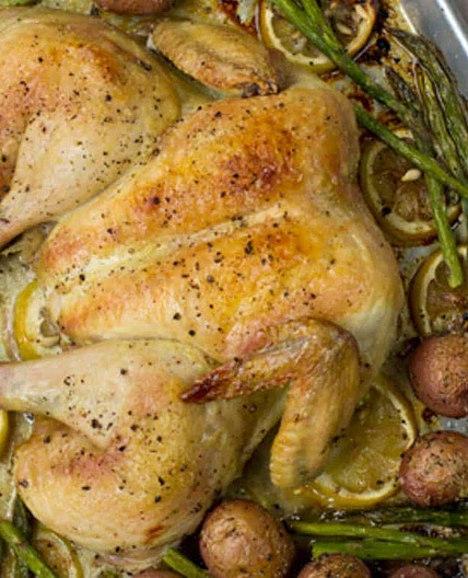 Spatchcock Chicken with Potatoes, Asparagus, and Lemon