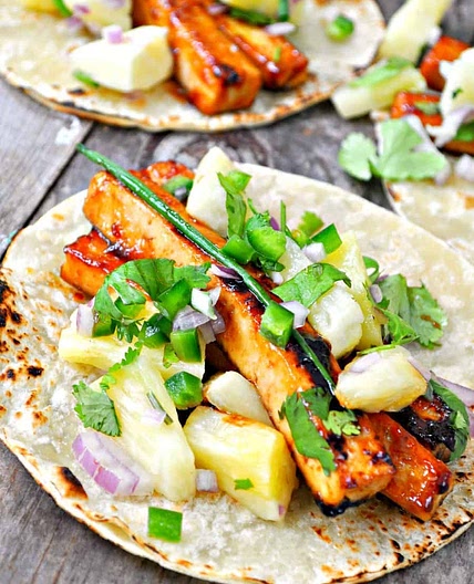 Vegan Teriyaki Tofu Tacos with Roasted Pineapple Salsa