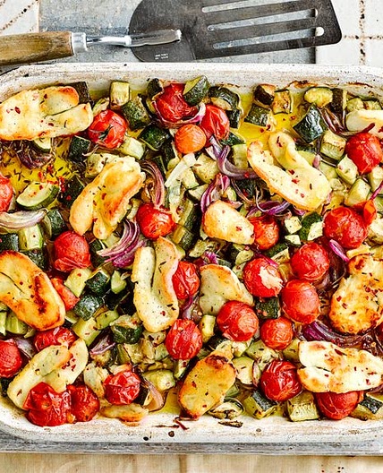 Halloumi and Mediterranean veg traybake