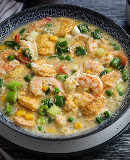 Egg Tofu, Prawns And Peas In Silky Egg Sauce